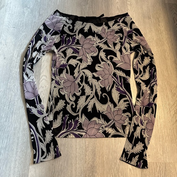 The Limited Tops - Vintage Black and Lilac Floral Wide Neck Top